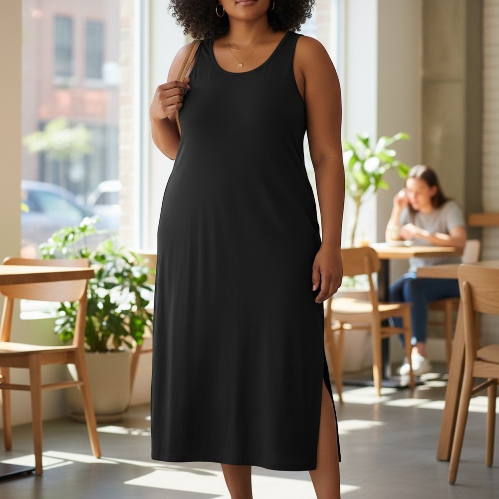 August Max Woman Stretch Dress Womens 3X Black Sleeveless Tank Maxi Side Slit